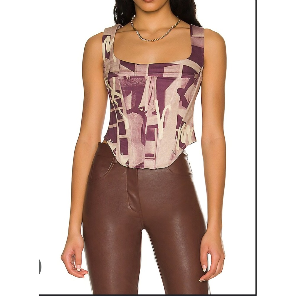 Miaou Campbell Corset Top Roman Statues Print Purple Sleeveless XS